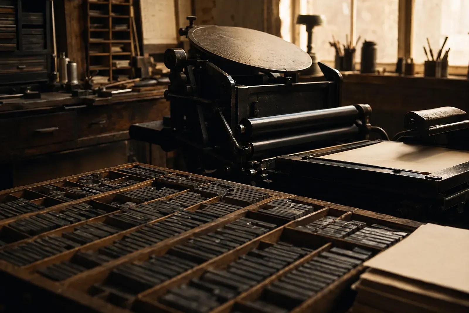 Presse typographique et casse de caractères en plomb dans un atelier au crépuscule